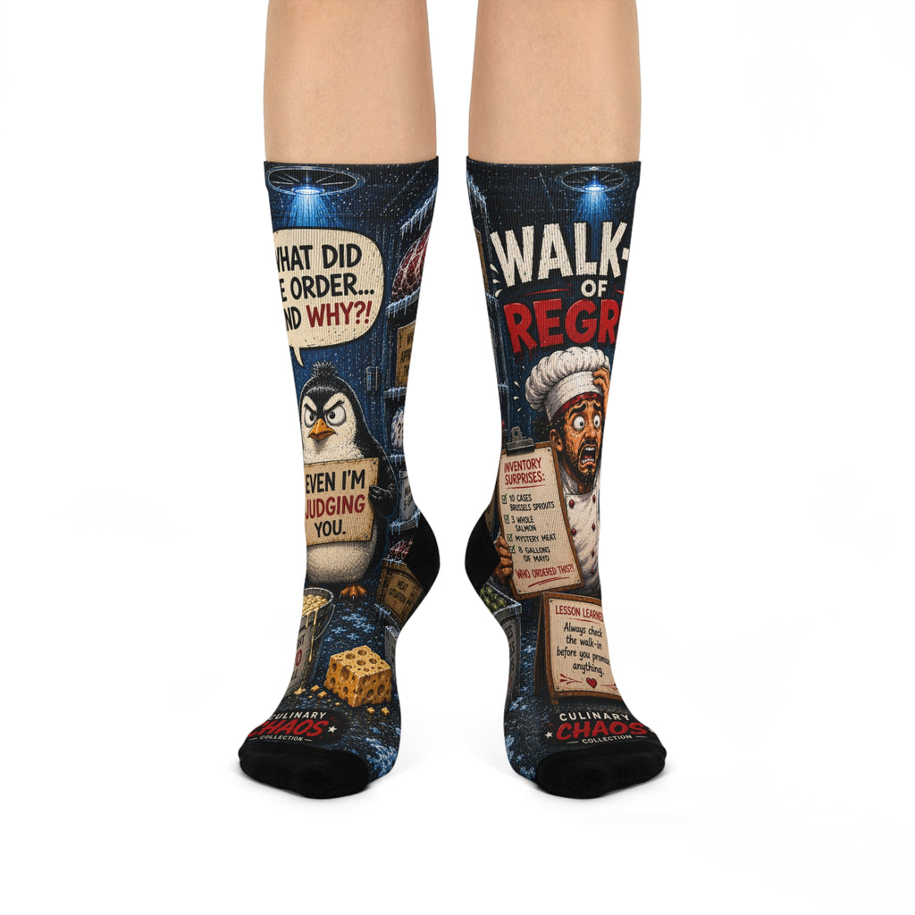 Walk-In Fridge Regret Funny Chef Socks | Culinary Chaos Kitchen Humor Crew Socks